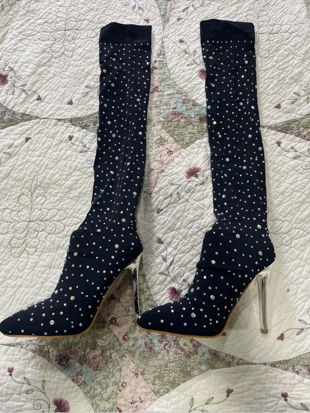 Black Rhinestone Over-the-Knee Stiletto Sock Boots